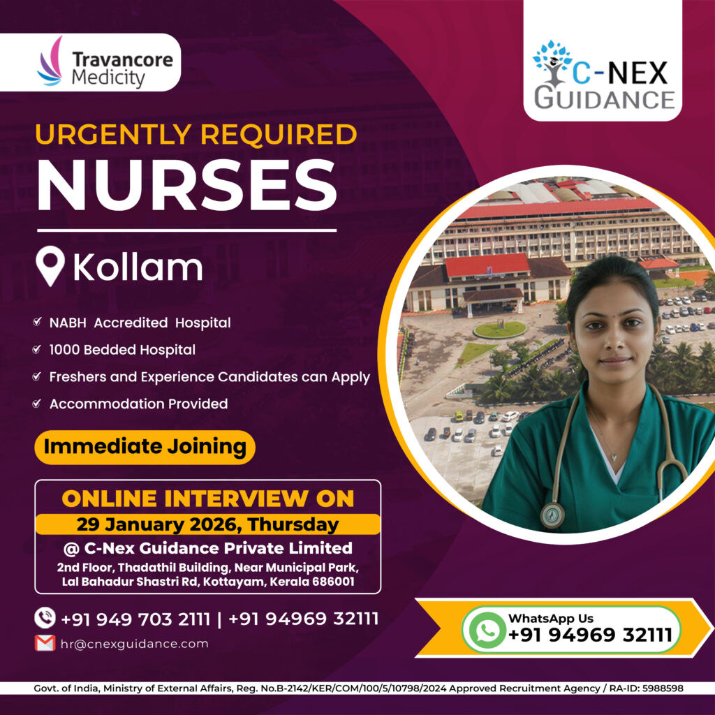 Nursing Recruitment for Travancore Medicity , Kollam - Online Interview